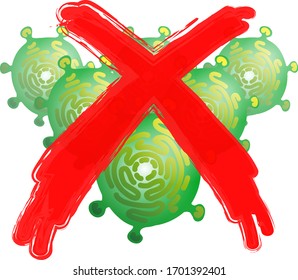 Una imagen abstracta de un grupo de células virales está bloqueada por un cruce rojo. Visualización creativa de la confrontación de la epidemia de coronavirus.