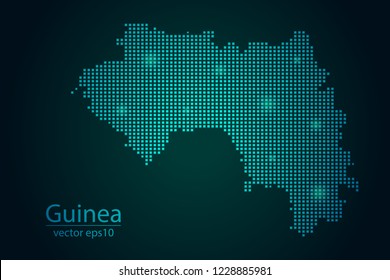 Abstract Image Guinea Map From Pixel Emerald Green and Glowing Stars on a Dark Background. Vector illustration Eps 10.