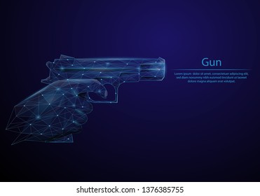 Abstract image of a Gun in hand in the form of a starry sky or space, consisting of points, lines, and shapes in the form of planets, stars and the universe. Low poly vector background.