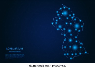 Abstract image Guyana map - With Blue Glow Dots And Lines On Dark Gradient Background, 3D Mesh Polygon Network Connection, Vector Illustration Eps 10.