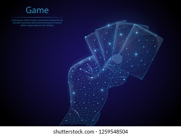 Abstract image hand with cards in the form of a starry sky or space, consisting of points, lines, and shapes in the form of planets, stars and the universe. Low poly vector background.