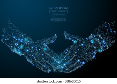 Imagen abstracta de una mano con moneda en dólares en forma de cielo estrellado o espacio, consistente en puntos, líneas y formas en forma de planetas, estrellas y el concepto de alambre empresarial Vector del universo