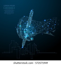 Abstract image of a hand draws a drawing in the form of a starry sky or space, consisting of points, lines, and shapes in the form of planets, stars and the universe. Vector business wireframe concept