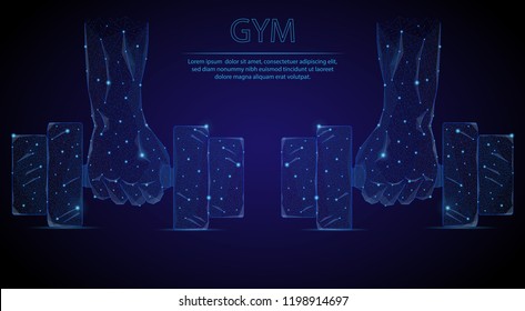 Abstract image of a Hand with dumbbell. Gym, fitness in the form of space, consisting of points, lines, and shapes in the form of planets, stars and the universe. Low poly vector background.