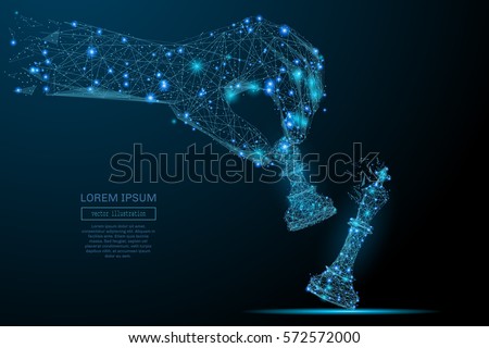 Abstract image of a hand holding chess pawn in the form of a starry sky or space, consisting of points, lines, and shapes in the form of planets, stars and the universe. Vector business concept.