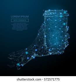 Abstract image of a hand holding coffee in the form of a starry sky or space, consisting of points, lines, and shapes in the form of planets, stars and the universe. Vector business wireframe concept.