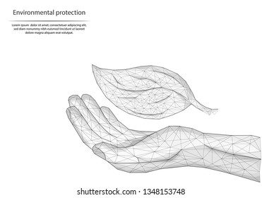 Abstract image hand with a leaf in the form of lines and dots, consisting of triangles and geometric shapes. Low poly vector background.