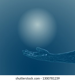 Abstract image of a hand and a light ball. 3D. Polygon grid