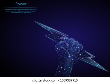 Abstract image hand with lightning in the form of a starry sky or space, consisting of points, lines, and shapes in the form of planets. Low poly vector background.