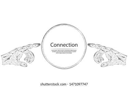 Abstract image the hand of the robot and circle in the form of lines and dots, consisting of triangles and geometric shapes. Low poly vector background.