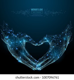 Abstract image of hand showing heart shape gesture in the form of a starry sky or space, consisting of points, lines, and shapes in the form of planets, stars and the universe. Vector LOVE sign.