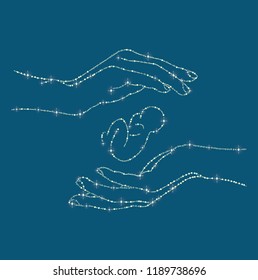 Abstract image of a hand. The silhouette of the hand and the baby in the womb consisting of the stars. Concept of care protection. Symbol of the universe of God and pregnancy. Vector illustration.
