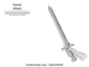Abstract image hand with the sword in the form of lines and dots, consisting of triangles and geometric shapes. Low poly vector background.