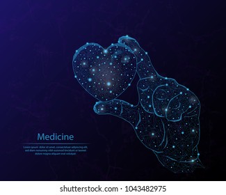 Abstract image of a hands with heart in the form of a starry sky or space, consisting of points, lines, and shapes in the form of planets, stars and the universe.