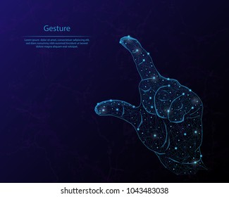 Abstract image of a hands showing gesture, in the form of a starry sky or space, consisting of points, lines, and shapes in the form of planets, stars and the universe.
