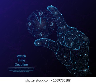 Abstract image of a hands and time in the form of a starry sky or space, consisting of points, lines, and shapes in the form of planets, stars and the universe.