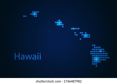 Abstract image Hawaii map from pixels blue and glowing stars on a dark background. Vector illustration eps 10.