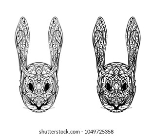 Abstract image of a head of a rabbit in black and white lines for printing on T-shirts, bags, postcards, cups, stickers and for tattoos and backgrounds