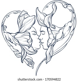 abstract image of a heart made of flowers with a kiss boy and a girl, white background