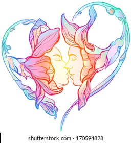 abstract image of a heart made of flowers with a kiss boy and a girl, white background, bright colors