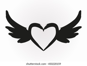 Abstract image of a heart with wings. Rough brush, black. Isolated.