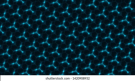 Abstract image of hexagons on a blue background with neon dots and lines. 3D design. Vector graphics.