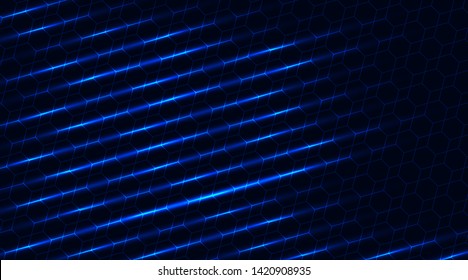 Abstract image of hexagons on a blue background with neon dots and lines. Wavy structure. 3D design. Vector graphics.
