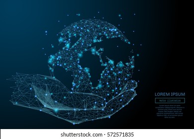 Abstract image of a holding global in hands in the form of a starry sky or space, consisting of points, lines, and shapes in the form of planets, stars and the universe. Vector business