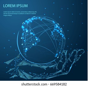 Abstract image of a holding global in hands in the form of a starry sky or space, consisting of points, lines, and shapes in the form of planets, stars and the universe. Vector business