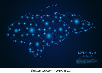 Imagen Resumen Mapa de Honduras - Con Puntos Y Líneas De Brillo Azul En Fondo De Gradiente Oscuro, Conexión De Red De Polígono De Malla 3D, Ilustración Vector Eps 10.