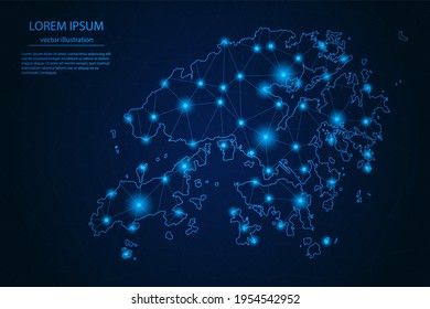 Abstract image Hong Kong map - With Blue Glow Dots And Lines On Dark Gradient Background, 3D Mesh Polygon Network Connection, Vector Illustration Eps 10.