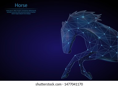 Abstract image of a Horse in the form of a starry sky or space, consisting of points, lines, and shapes in the form of planets, stars and the universe. Low poly vector background.