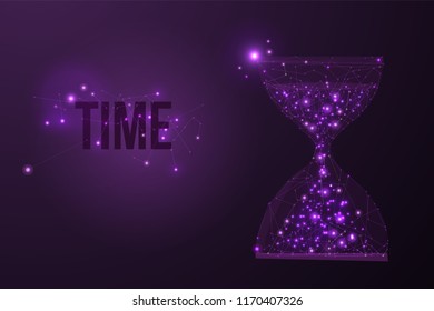 Abstract image of an hourglass in the form of a starry sky or space, consisting of points, lines, and shapes in the form of planets, stars and the universe  on blue background. Vector best deal.