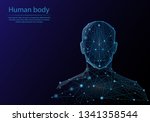 Abstract image human body in the form of a starry sky or space, consisting of points, lines, and shapes in the form of planets, stars and the universe. Low poly vector background.