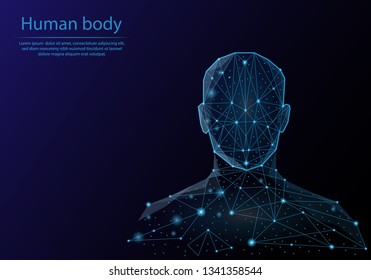 Abstract image human body in the form of a starry sky or space, consisting of points, lines, and shapes in the form of planets, stars and the universe. Low poly vector background.