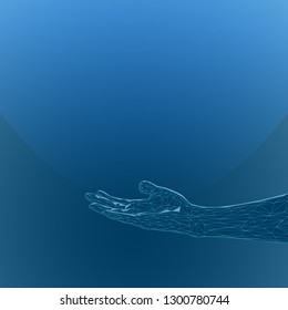 Abstract image of a human hand. The emission of light upwards. 3D. Polygon grid