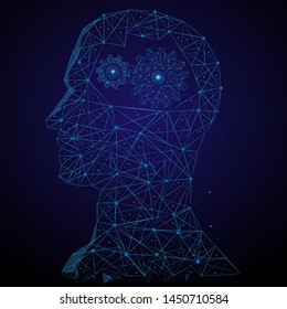 Abstract image human head with gears in the form of a starry sky or space, consisting of points, lines, and shapes in the form of planets, stars and the universe. Low poly vector background.
