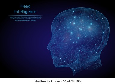 Abstract image human intelligence in the form of a starry sky or space, consisting of points, lines, and shapes in the form of planets, stars and the universe. 3D Low poly vector. Head. Neural cells.