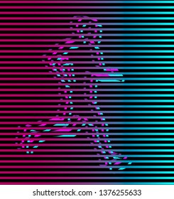 Abstract image of human race. Three silhouettes consisting of ribbons. Violet, light blue and dark pink color.