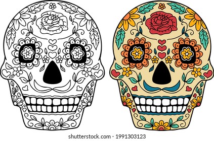 Abstract image of a human skull, decorated with flowers. A design element.