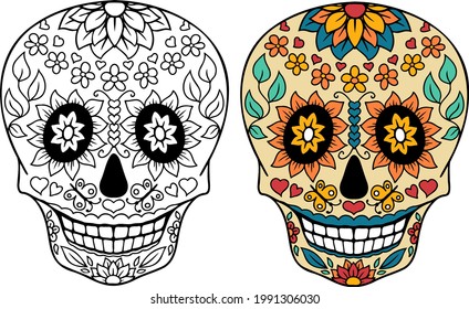 Abstract image of a human skull, decorated with flowers. A design element.