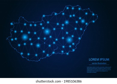 Imagen abstracta Mapa de Hungría - Con Puntos Y Líneas De Brillo Azul En Fondo De Gradiente Oscuro, Conexión De Red De Polígono De Malla 3D, Ilustración De Vectores Eps 10.