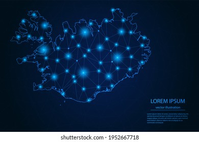 Abstract image Iceland map - With Blue Glow Dots And Lines On Dark Gradient Background, 3D Mesh Polygon Network Connection, Vector Illustration Eps 10.