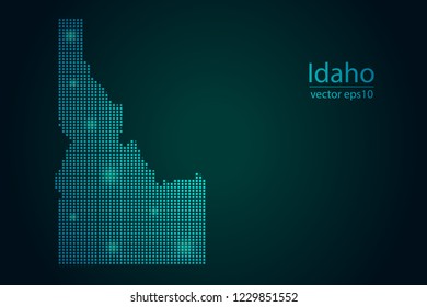 Abstract Image Idaho Map From Pixel Emerald Green and Glowing Stars on a Dark Background. Vector illustration Eps 10.