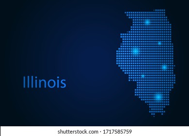 Abstract image Illinois map from pixels blue and glowing stars on a dark background. Vector illustration eps 10.