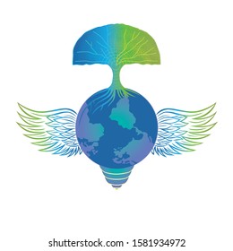 abstract image illustration of a globe in the form of incandescent lamps with wings and trees