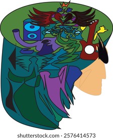 an abstract image with illustrations of faces and brains wandering or traveling for other purposes.