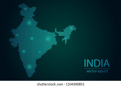 Abstract Image India Map From Pixel Emerald Green and Glowing Stars on a Dark Background. Vector illustration Eps 10.
