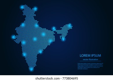 Abstract image India map from point blue and glowing stars on a dark background. vector illustration.