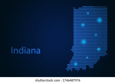 Abstract image Indiana map from pixels blue and glowing stars on a dark background. Vector illustration eps 10.